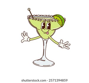 Cartoon retro groovy margarita cocktail character with a salted rim, lime slice, and a drink stirrer, smiling and sticking its tongue out playfully. Vector retro personage of alcohol drink in bar menu