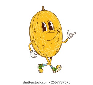 Cartoon retro groovy melon fruit character. Ripe summer fruit funny mascot, sweet natural melon cartoon isolated vector cheerful character. Fresh juicy dessert groovy personage walking and whistling