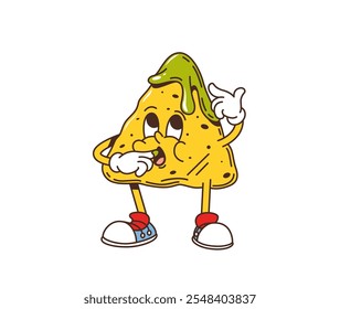 Cartoon retro groovy Mexican nachos chip character with funny face, vector comic fast food snack. Groovy funky nachos chip tasting guacamole sauce from head with fingers for yummy fast food emoji