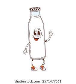 Cartoon retro groovy milk bottle comical character. Fresh dairy product bottle cheerful cartoon isolated vector character. Natural milk funny hippie personage or yogurt packaging cute groovy mascot