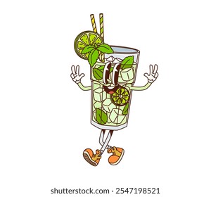 Cartoon retro groovy mojito vidro personagem com cubos de gelo, fatias de limão, folhas de hortelã e uma palha, alegremente posando com sinais de paz. Vetor isolado animado clássico coquetel personagem com sorriso brincalhão