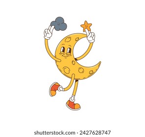 Cartoon retro groovy moon character dance with star and cloud. Isolated vector vibrant, psychedelic crescent personage with craters, gloves, sneakers and wide grin exudes a laid-back, vintage 70s vibe