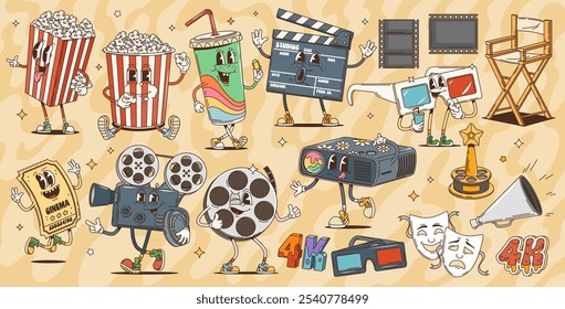 Cartoon retro groovy personagens de cinema filme. Pipoca bonito, bilhete, refrigerante e óculos 3d personagens vetoriais do cinema vintage. Engraçado rolo de filme, projetor de vídeo, cadeira de diretor e clapperboard