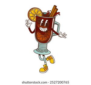 Cartoon retro groovy mulled wine character with funky freaky face, vector comic drink. Groovy retro cartoon mulled wine with cinnamon and orange dancing in fun with freaky face for positive vibe emoji