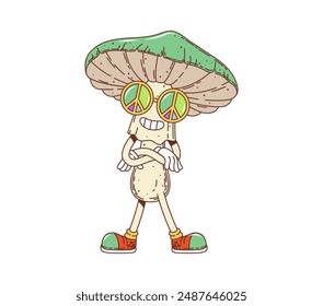 Cartoon retro groovy mushroom in hippie sunglasses, vector funky comic. 70s groovy hippie toadstool mushroom with peace signs on sunglasses and psychedelic happy smile on face for emoji sticker