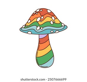 Cartoon Retro grooviger Pilz mit psychedelischen Regenbogenfarben, Vektor 70er Jahre Hippie Comic. Groovy Krötenhocker oder Amanita Pilz mit Regenbogenfarben fließen für fröhliche Y2K Emoji oder Rave Musik Aufkleber