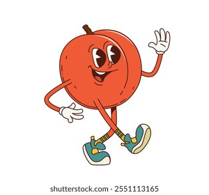 Cartoon retro groovy nectarine fruit character walking energetically, exuding sense of excitement and fun. Isolated vector ripe and cheerful peach fruit retro personage in vintage sneakers and gloves