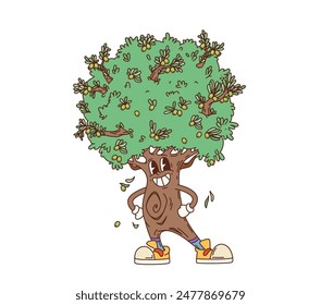 Cartoon retro groovy olive tree character with green olive fruits. Vintage funky vector personage of green tree posing with hands on hips and happy smiling face. Psychedelic groovy nature emoji