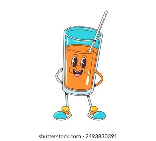 Cartoon retro groovy orange juice character with funny face and smile, vector 70s hippie art. Groovy cartoon orange juice or lemonade glass with drinking straw and funky smiling face for happy emoji