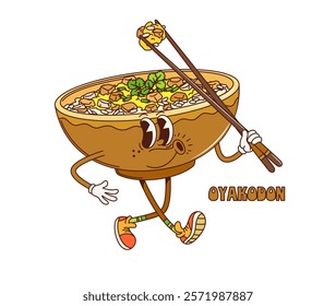 Cartoon retro groovy oyakodon donburi character inviting to indulge traditional Japanese meal. Isolated vector playful bowl holding chopsticks and happily whistling, conveying fun and cheerful vibe,