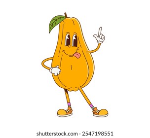 Cartoon retro groovy papaya fruit character with a joyful expression, wearing sneakers and making pointing sign. Vector tropical fruit exudes a fun, energetic, and nostalgic vibe with sticking tongue