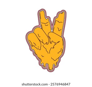 Cartoon retro groovy peace hand gesture with bright yellow color and melting effect, reflecting nostalgic 70s era. Isolated vector palm shows victory sign, exuding vintage trippy hippie y2k vibe