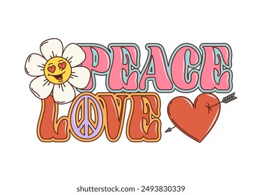 Cartoon retro groovy peace and love quote. 60s or 70s hippie style vector typography, phrase, print or slogan with red and pink bold letters, daisy flower and pierced heart, embodying love and harmony