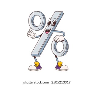 Caricatura retro groovy por ciento signo de carácter con cara funky, Vector de arte cómico Hippie de los años 70 o groovy retro caricatura matemática signo de por ciento con sonrisa feliz y pulgar para el emoji matemático freaky