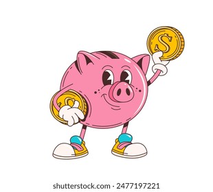 Caricatura retro groovy hucha personaje. Aislado Vector alegre estilo hippie pink piggy bank personaje con una amplia sonrisa, y una ranura de moneda en su espalda, ansioso por Ahorra dinero y traer alegría financiera