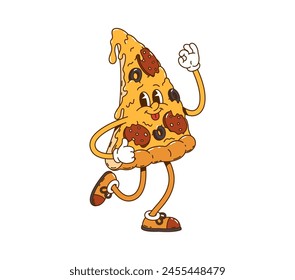 Cartoon retro groovy pizza character. Fast food meal groovy funny character, 60s happy salami pizza personage or vintage cheerful food isolated vector sticker or hippie cute mascot