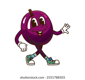 Cartoon retro groovy plum fruit character with happy smile, vector comic emoji. Groovy plum with funny face walking in hipster shoes, funky silly and freaky fruit food as comic cartoon character