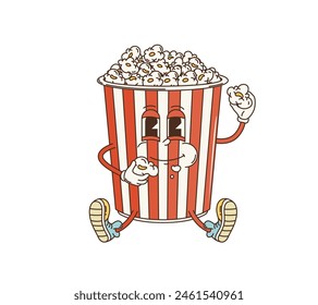 Cartoon retro groovy popcorn bucket character, vector funny comic in 70s hippie art. Groovy funky popcorn bucket box eating popcorn and sitting with happy smile face, cinema movie cartoon character