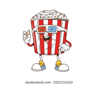 Cartoon retro groovy popcorn bucket or fast food character, vector comic emoji. Groovy popcorn bucket with funny face watching movie in retro 3D glasses for cinema fast food snacks cartoon character