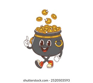 Cartoon retro groovy pot com moedas de ouro, santo patrick dia feriado caldeirão. Personagem estilo funky vetor isolado com dinheiro de ouro. Folclore irlandês, símbolo de fortuna e sorte. Tesouro de Leprechaun