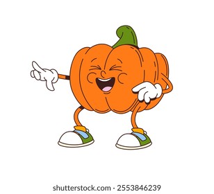 Cartoon retro groovy pumpkin character with happy laughing expression. Isolated vector gourd vegetable personage with trendy sneakers. Autumn, Halloween or Thanksgiving harvest hippie y2k veggie