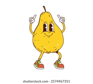 Cartoon retro groovy quince fruit character. Isolated vector vintage ripe fruit personage with expressive smiling face, wearing gloves and sneakers, striking pointing finger up pose with cheerful face