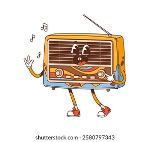 Cartoon retro groovy radio receiver character. Isolated vector vintage technology personage with nostalgic 60s vibes. Funky accessory exuding upbeat energy. Gleeful old radio with smile and antennae