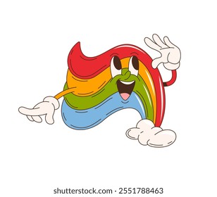 Caricatura retro groovy carácter del arco iris. Personaje celestial vibrante de Vector aislado con nubes, colores psicodélicos, ojos expresivos y amplia sonrisa radiante, positividad radiante y diversión en el cielo