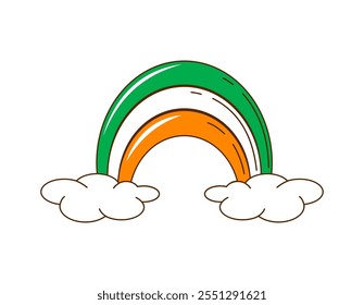 Dibujos animados de arco iris groovy retro, símbolo de vacaciones del día de San Patricio. Vector aislado irlandés arcoíris vibrante con nubes y colores de bandera nacional. Irlanda, signo de celebración, esperanza, suerte y festividades