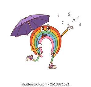 Cartoon retro groovy rainbow with umbrella and funny face, vector character. Groovy rainbow with happy smile and tongue out catching rain drops under umbrella, funky emoji character or emoticon
