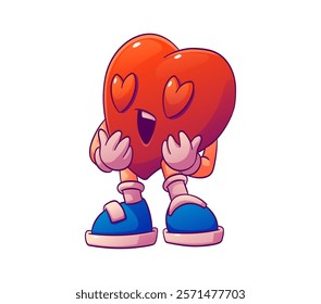 Cartoon retro groovy red heart valentine day character with heart shaped eye pupils and open mouth exudes love, passion and affection emotions. Isolated vector vintage personage fall in love