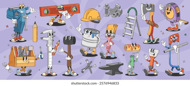 Cartoon retro groovy repair and DIY tools characters. Psychedelic funny hammer, helmet and toolbox vector personages of building, construction and renovation. Groovy paint, brush and saw characters