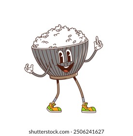 Caricatura retro groovy personaje de tazón de arroz con cara divertida, cómic de Vector. Cuenco groovy funky de la cocina asiática con el arroz y la sonrisa feliz para el emoji y el carácter de la comida de la historieta japonesa o china