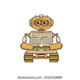 Cartoon retro groovy robot character or space android on wheels, vector game toy. Groovy retro cartoon robot or cute robotic machine of vintage technology cyborg droid with happy smile on face