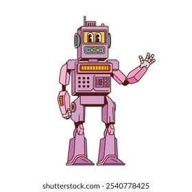 Cartoon personagem robô groovy retro com expressão lúdica, antena e sorriso amigável. Personagem futurista vintage com botões, engrenagens e membros metálicos, exalando diversão, vibe sci-fi nostálgico de 1980