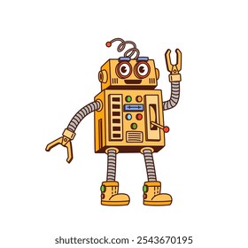 Cartoon retro groovy robot character features square body with colorful buttons and dials, flexible arms and legs, and a friendly face with large, expressive eyes, exude nostalgic sci-fi vibe of 1980s