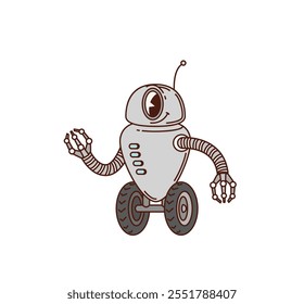 Cartoon retro groovy robot character, cute psychedelic AI toy, vintage hippie transformer, funky humanoid cyborg or droid vector personage. Groovy hippy wheeled robot with antenna and manipulators