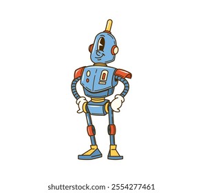 Cartoon retro groovy robot character with playful expression, antenna and friendly smile. Vintage futuristic personage with knobs, gears and metallic limbs, exuding fun, nostalgic sci fi vibe of 1980s