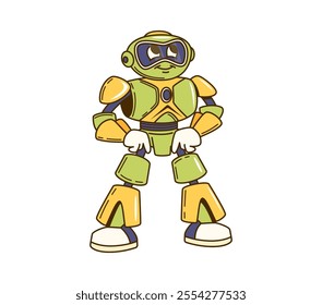 Cartoon retro groovy robot character with futuristic appearance standing confidently with its hands on its hips. Isolated vector playful ai droid personage exudes friendly nostalgic sci fi vibe of 80s