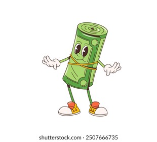 Cartoon retro groovy rolled banknote character. Isolated vector hippie style anthropomorphic money cash personage, twisted bills roll with wide eyes, cheerful friendly smile and rubber on its waist