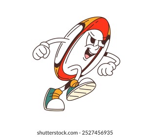 Personaje de pelota de rugby groovy retro de dibujos animados en una pose de running dinámica. Personaje de equipo deportivo de Vector aislado con expresión decidida, con zapatillas de deporte y exuda un ambiente enérgico y juguetón