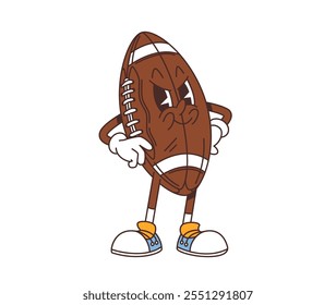 Cartoon retro groovy rugby ball sport character in confident akimbo pose. Isolated vector American football sport equipment personage with determined expression, wearing sneakers exudes energetic vibe