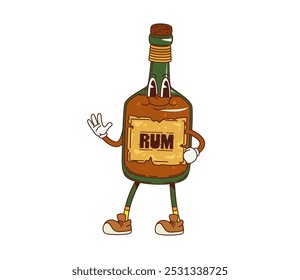 Cartoon retro groovy rum bottle character with funky freaky face, vector comic alcohol drink. Groovy retro cartoon rum bottle with cork and happy smile or Hello Hi gesture for positive vibe emoji