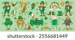 Cartoon retro groovy Saint Patrick day holiday characters and objects. Irish St Patricks vector personages, funny leprechauns, trefoil shamrock, gold coins pot and rainbow, hippie flowers, green beer