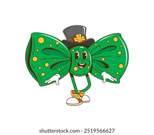 Dibujos animados retro groovy día de San Patricio pajarita personaje con cara divertida, Vector de arte cómico Día de San Patricio Irlandés día de fiesta funky personaje de pajarita verde en el sombrero del cilindro con trébol en dibujos animados retro