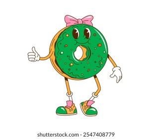 Caricatura retro groovy San Patricio día donut personaje con esmalte verde. Pastel de donuts de Vector aislado, personaje femenino nostálgico de vacaciones vintage con salpicaduras de colores y lazo rosa en su cabeza