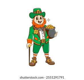 Dibujos animados retro groovy día de San Patricio leprechaun personaje con monedas de oro olla, personaje de Vector. Día de fiesta irlandés groovy leprechaun para el festival de Irlanda del día de San Patricio en arte de dibujos animados retro