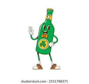 Dibujos animados retro groovy botella de cerveza del día de San Patricio, personaje funky de Vector. Fiesta irlandesa groovy botella de cerveza verde con cara feliz, trébol de trébol y bandera de Irlanda Carácter del día de San Patricio