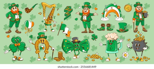 Cartoon retro groovy Saint Patrick day holiday characters and objects. Irish St Patricks vector personages, funny leprechauns, trefoil shamrock, gold coins pot and rainbow, hippie flowers, green beer