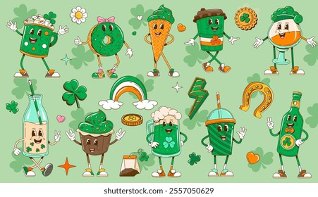 Cartoon retro groovy Saint Patrick day holiday characters and symbols. Funny St Patricks dessert food and drinks vector personages. Irish coffee, green beer and cocktail, ice cream, cake and shamrock